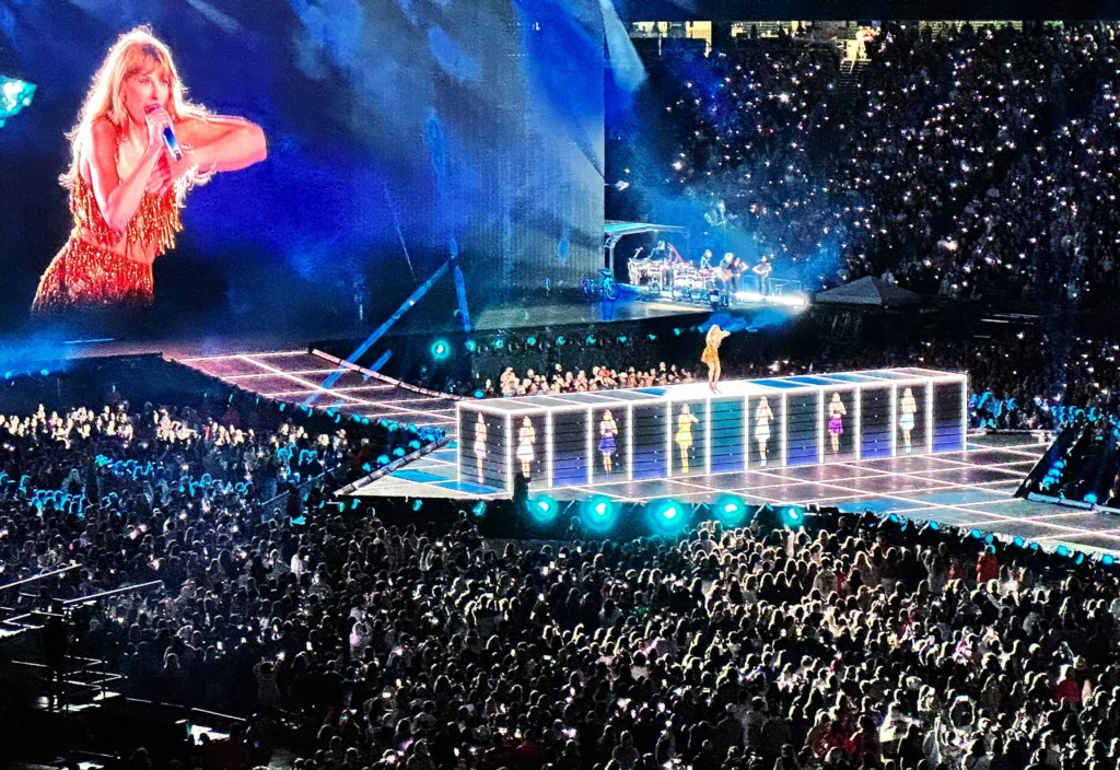 Taylor Swift performing on state at Gillette Stadium in May as part of the US Eras Tour.